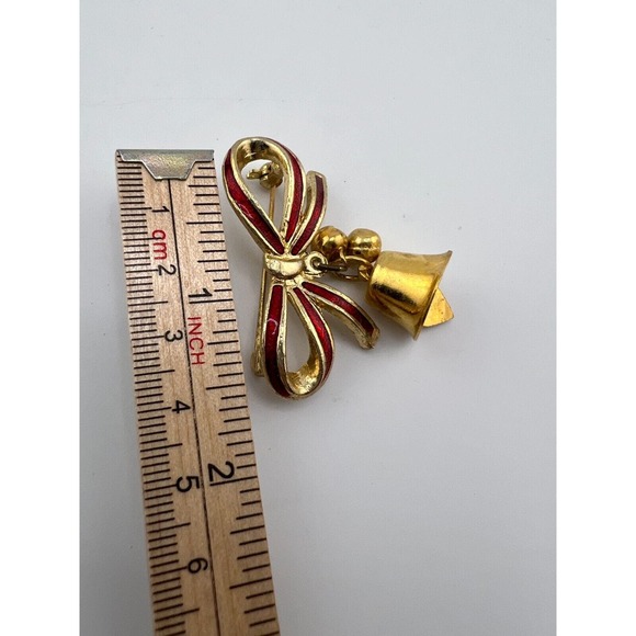 Vintage Jingle Bell Bow Metal Enamel Christmas Brooch Pin - Picture 4 of 5
